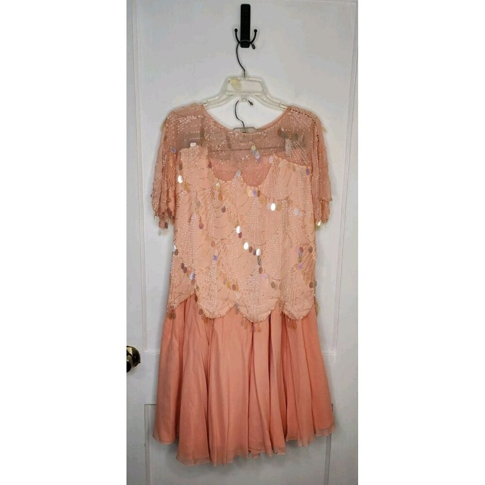 Vtg Women's M Silk Sequin Beaded Oleg Cassini Dressy Skirt & Top Set Peach Pink